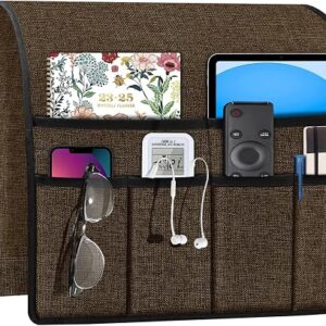 Joywell armchair caddy in chocolate linen draped over a sofa armrest, reviewed by SoftPickr