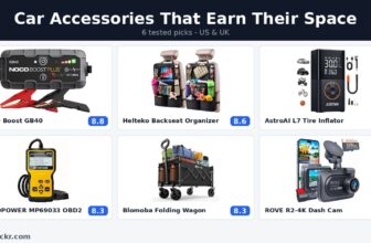 Car accessories that earn their space: NOCO Boost GB40 jump starter, Helteko backseat organizer, AstroAI L7 tire inflator, MOTOPOWER MP69033 OBD2 scanner, Blomoba folding wagon and ROVE R2-4K dash cam