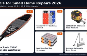 Tools for small home repairs 2026 collage showing five tested picks: Klein Tools 55895 magnetic wristband, Cramer 40407 caulking tool kit, LEXIVON LX-201 laser tape measure, Jack Boss tool box organizer and Onarway automatic door closer