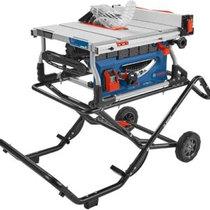 Bosch GTS15-10 table saw in blue on its wheeled gravity rise jobsite stand