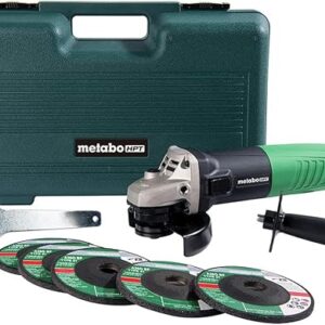 Metabo HPT angle grinder in green and black with side handle and grinding wheel fitted