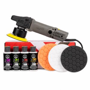 Chemical Guys TORQX random orbital polisher kit in black with backing plate and foam pads