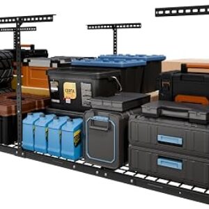 FLEXIMOUNTS garage storage rack mounted to a ceiling holding storage boxes above a car