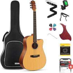 Donner acoustic guitar in natural spruce finish with cutaway body and bundled accessories