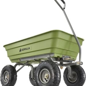 Gorilla Carts dump cart in green with poly bed, four pneumatic tyres and straight pull handle