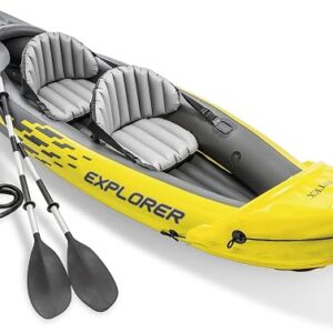 Intex Explorer K2 kayak inflated on calm water with two seats and aluminium oars