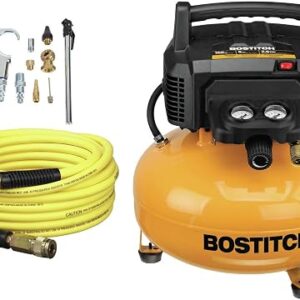BOSTITCH air compressor 6 gallon pancake tank in yellow and black with hose kit