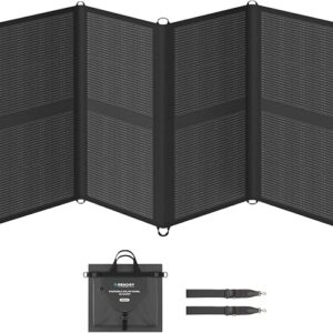 Renogy 200W solar panel unfolded as a blanket charging a portable power station