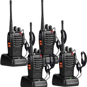 pxton walkie talkies four pack with earpieces, belt clips and charging dock
