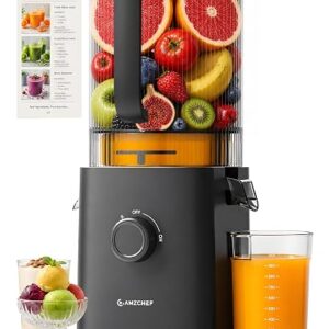 AMZCHEF cold press juicer in black with wide self-feeding chute and juice container