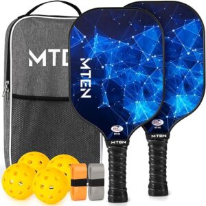MTEN pickleball paddles set of two with fiberglass faces, balls and carry bag