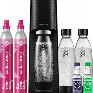 SodaStream TERRA sparkling water maker in black with quick connect CO2 cylinder and bottle