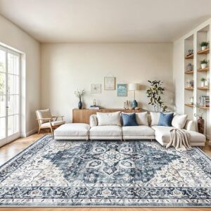 AMADA washable area rug 8x10 in blue vintage floral pattern on a living room floor