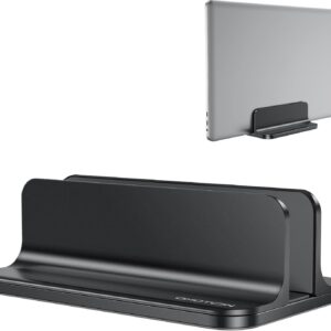 OMOTON vertical laptop stand in black holding a MacBook upright on a desk