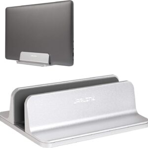 JARLINK vertical laptop stand in silver anodized aluminium holding a laptop on a desk