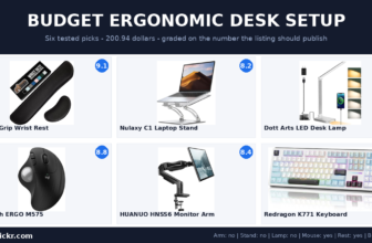 Budget ergonomic desk setup collage showing the six tested picks with review scores