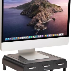 monitor stand with drawer: Mind Reader black plastic riser with three pull-out drawers