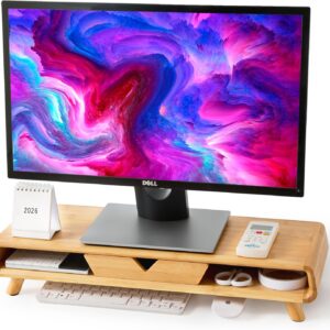 monitor stand with drawer: Homerays solid bamboo riser with pull-out drawer