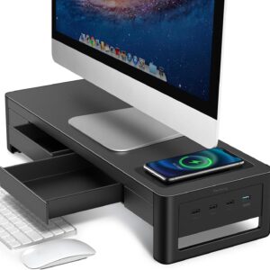 monitor stand with drawer: meatanty metal riser with two drawers, USB ports and wireless charger