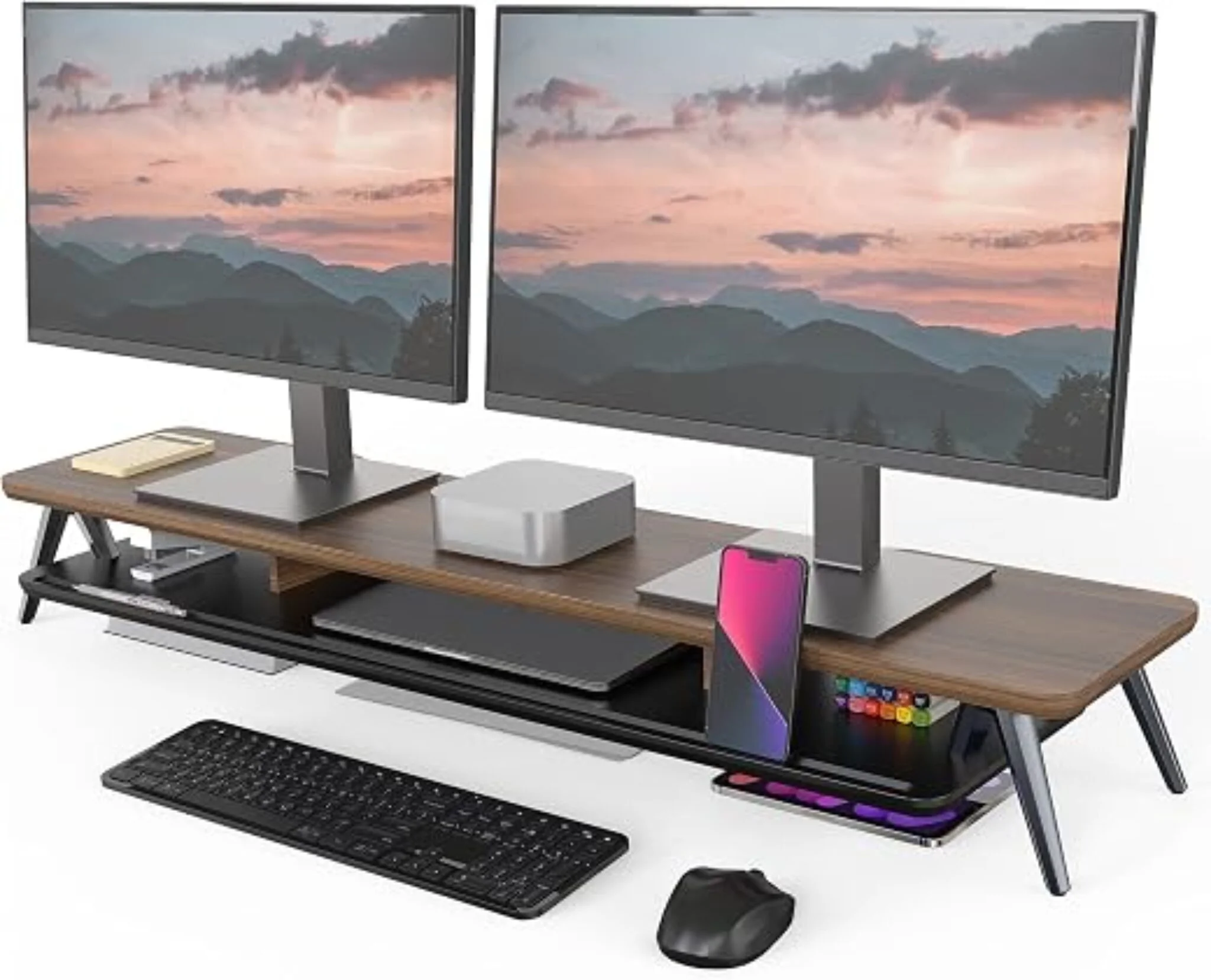 Fenge 42.5-inch walnut dual monitor stand riser with 2-tier open storage