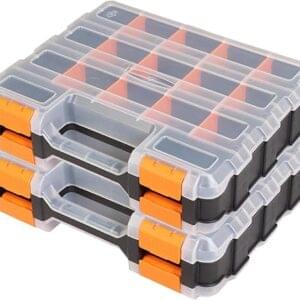 Jack Boss Tool Box with Transparent Lid, Double Side 34-Compartments Organizer Box with Removable Dividers for Hardware, Screws, Bolts, Nails, Beads, Jewelry and Fishing Accessories, Orange, 2 Pack