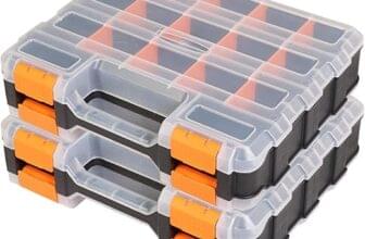 Jack Boss Tool Box with Transparent Lid, Double Side 34-Compartments Organizer Box with Removable Dividers for Hardware, Screws, Bolts, Nails, Beads, Jewelry and Fishing Accessories, Orange, 2 Pack
